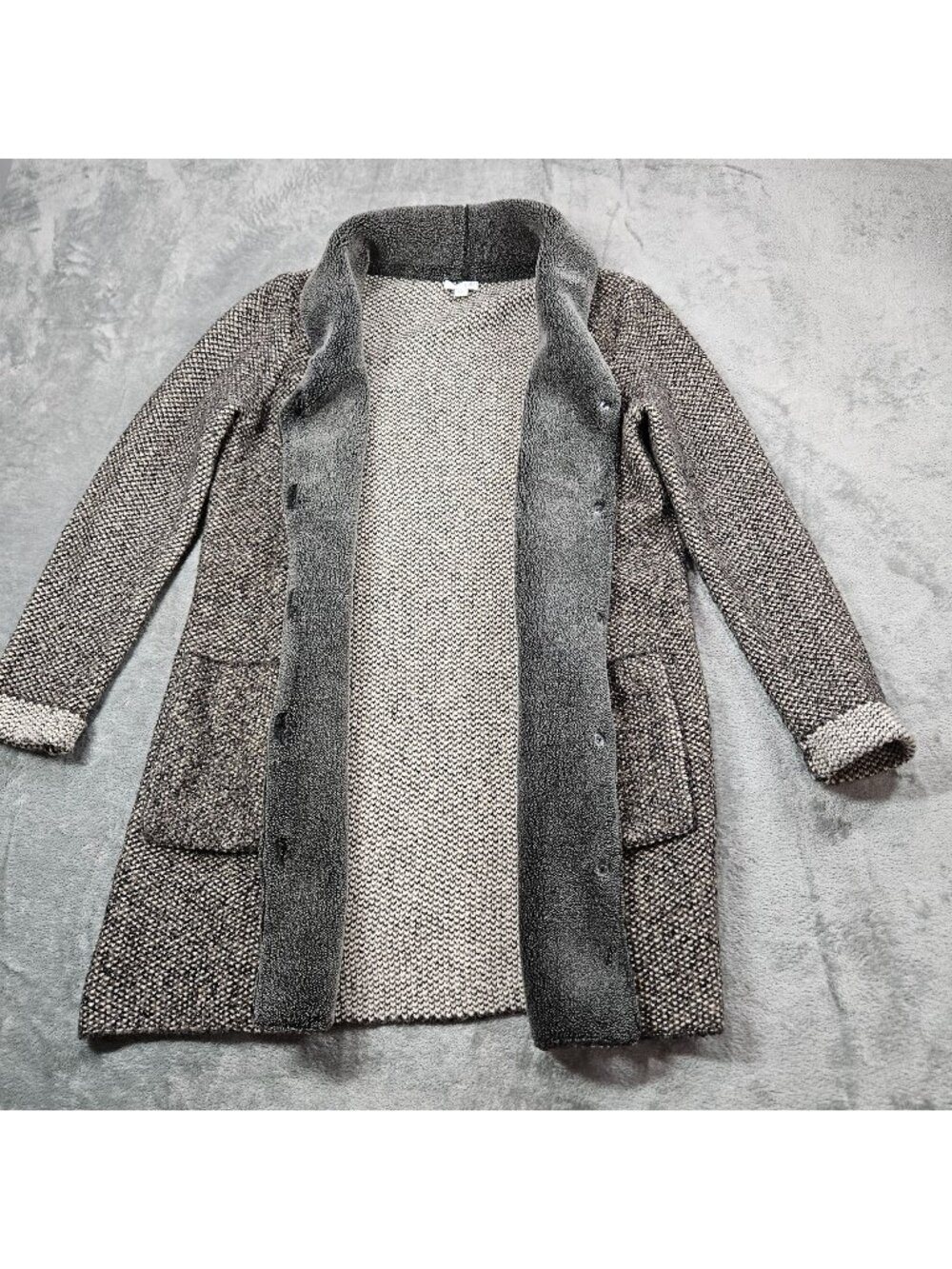 J Jill Cardigan Womens Small Brown Gray Long Line Faux Fur Trim Duster Coatigan